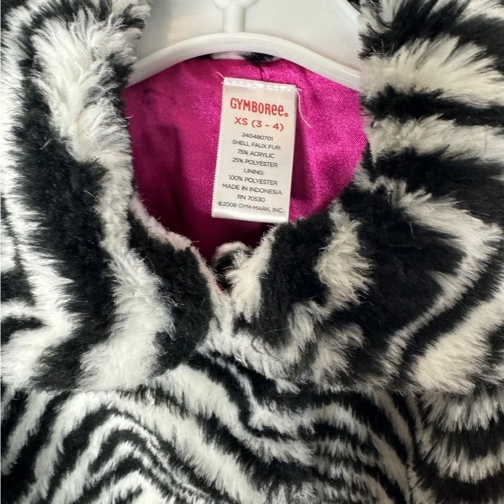Gymboree Girls Faux Fur Zebra Print Coat Jacket XS Black White Plush Cropped